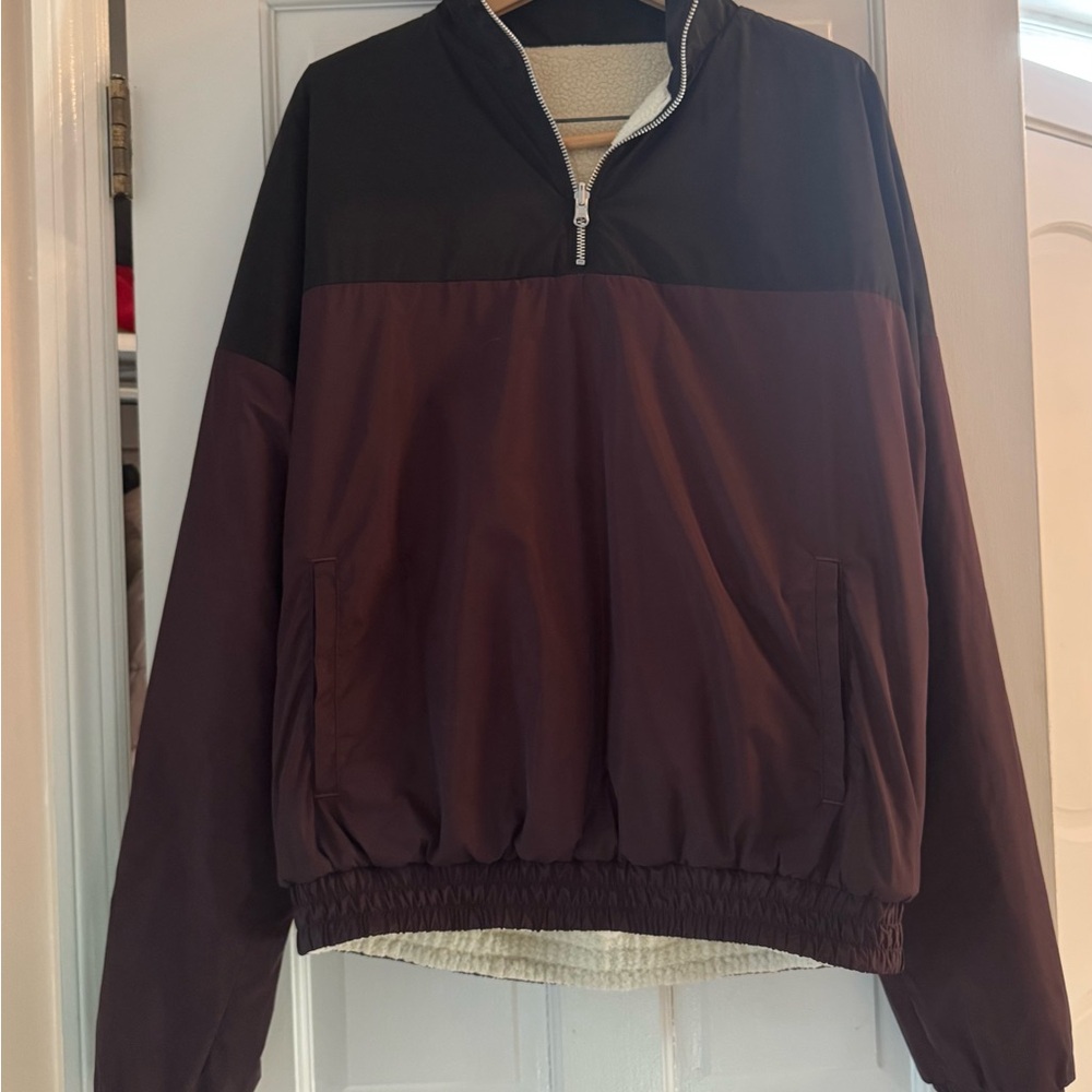 John Elliott Polartec Pullover in Red/Black. Beige Reversible Interior